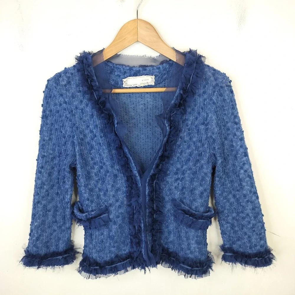 a'reve Cardigan Womens Small Ruffle Chiffon Trim Textured Boho Chic Goth Artsy